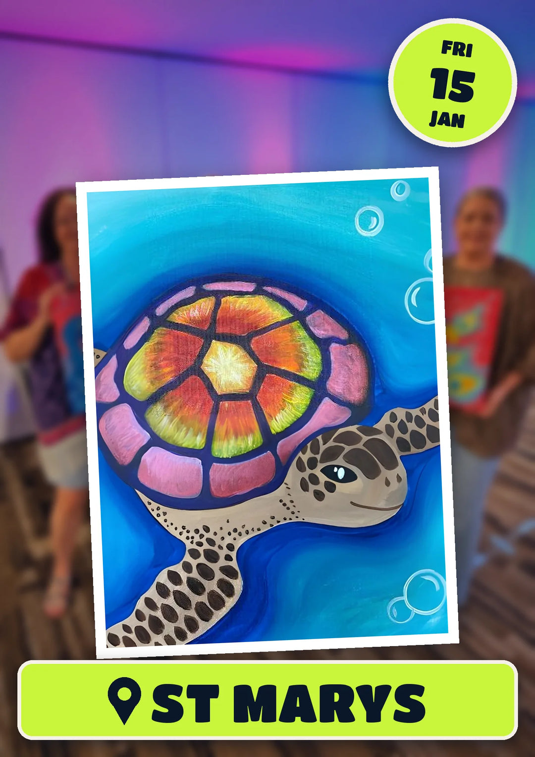 Sea Turtle painting, front and centre for the 80s and 90s Singalong paint and sip in St Marys on Friday 15 January 2027