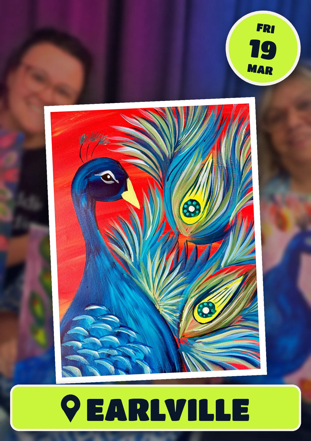 Peacock painting, front and centre for the 80s and 90s Singalong paint and sip in Earlville on Friday 19 March 2027
