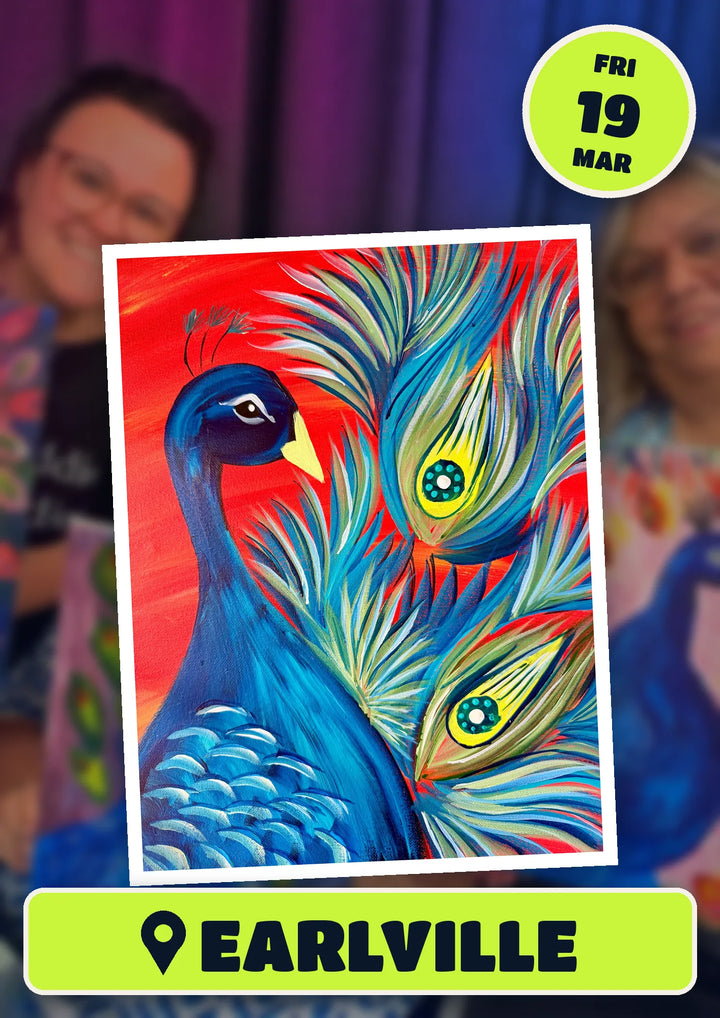 Peacock painting, front and centre for the 80s and 90s Singalong paint and sip in Earlville on Friday 19 March 2027