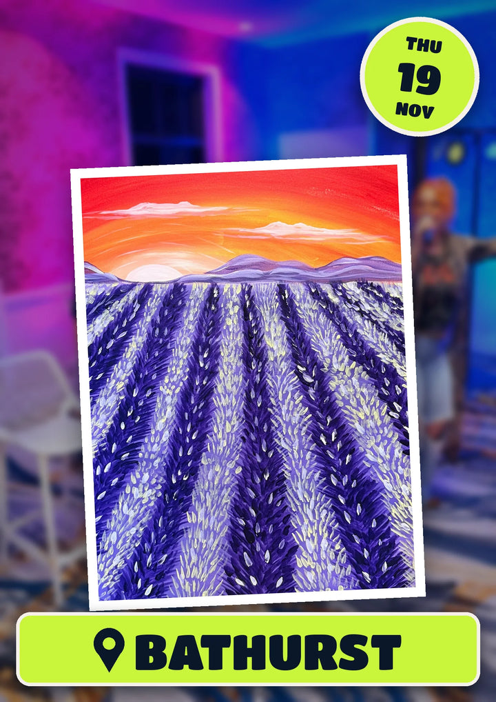Lavender Sunset painting, front and centre for the 80s and 90s Singalong paint and sip in Bathurst on Thursday 19 November 2026