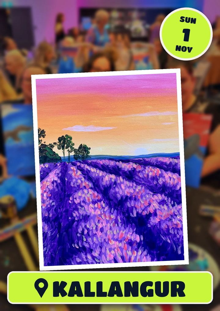 Lavender Fields painting, front and centre for the 80s and 90s Singalong paint and sip in Kallangur on Sunday 1 November 2026