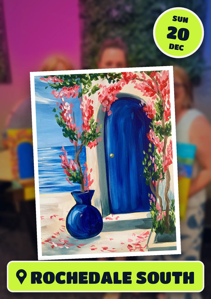 Santorini Door painting, front and centre for the 80s and 90s Singalong paint and sip in Rochedale South on Sunday 20 December 2026