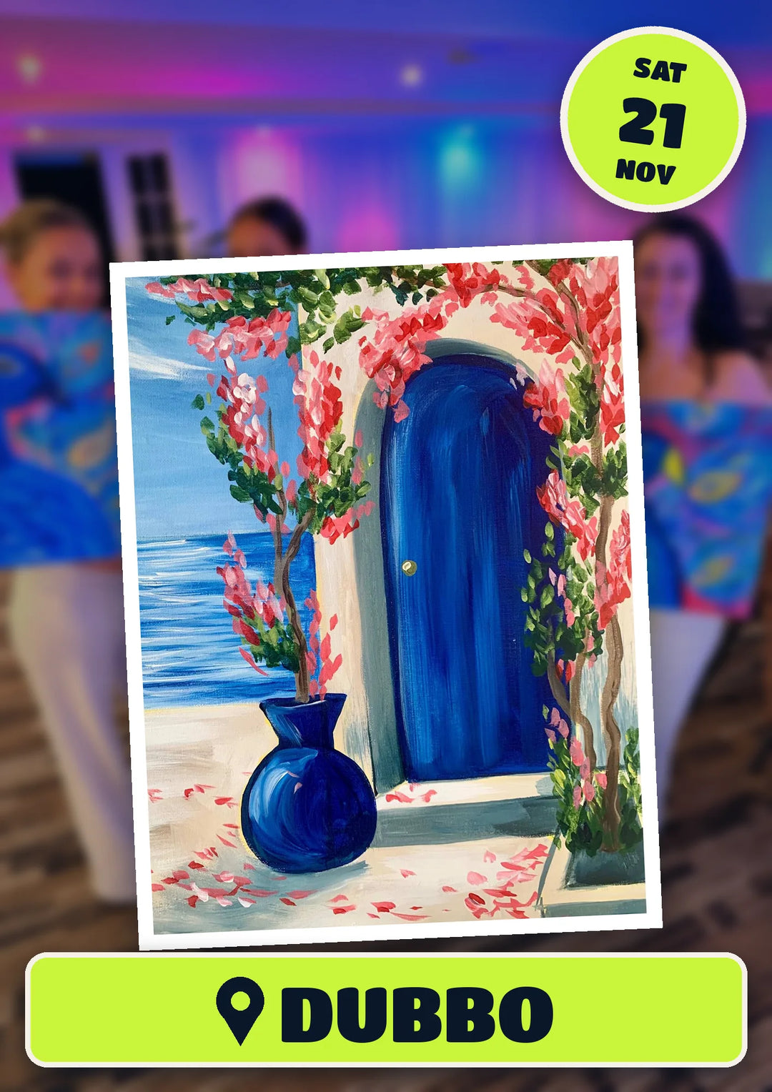 Santorini doorway painting, front and centre for the 80s and 90s Singalong paint and sip in Dubbo on Saturday 21 November 2026