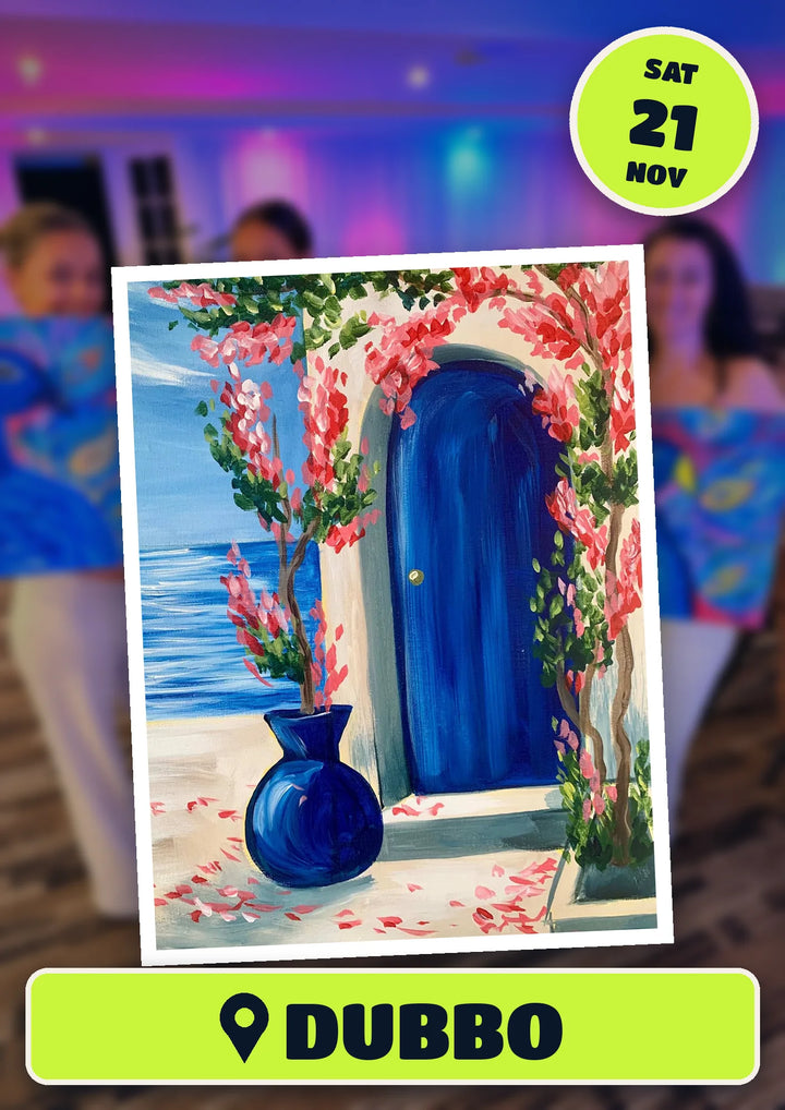 Santorini doorway painting, front and centre for the 80s and 90s Singalong paint and sip in Dubbo on Saturday 21 November 2026