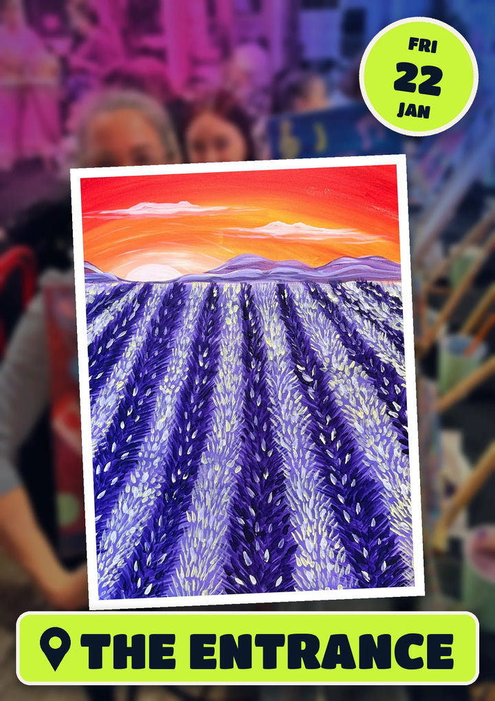 Lavender Sunset painting, front and centre for the 80s and 90s Singalong paint and sip in The Entrance on Friday 22 January 2027