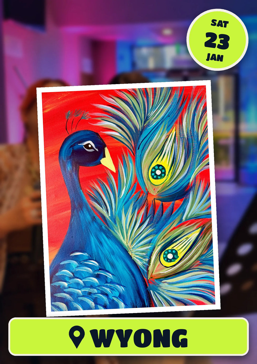The Red Peacock painting, front and centre for the 80s and 90s Singalong paint and sip in Wyong on Saturday 23 January 2027