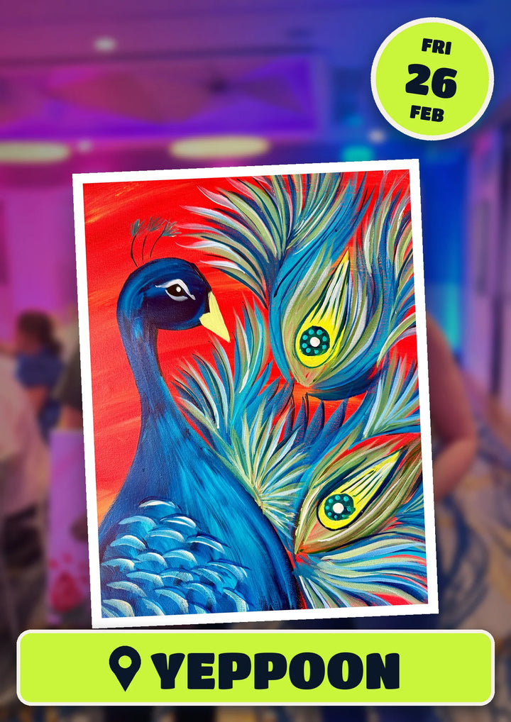 Peacock painting, front and centre for the 80s and 90s Singalong paint and sip in Yeppoon on Friday 26 February 2027