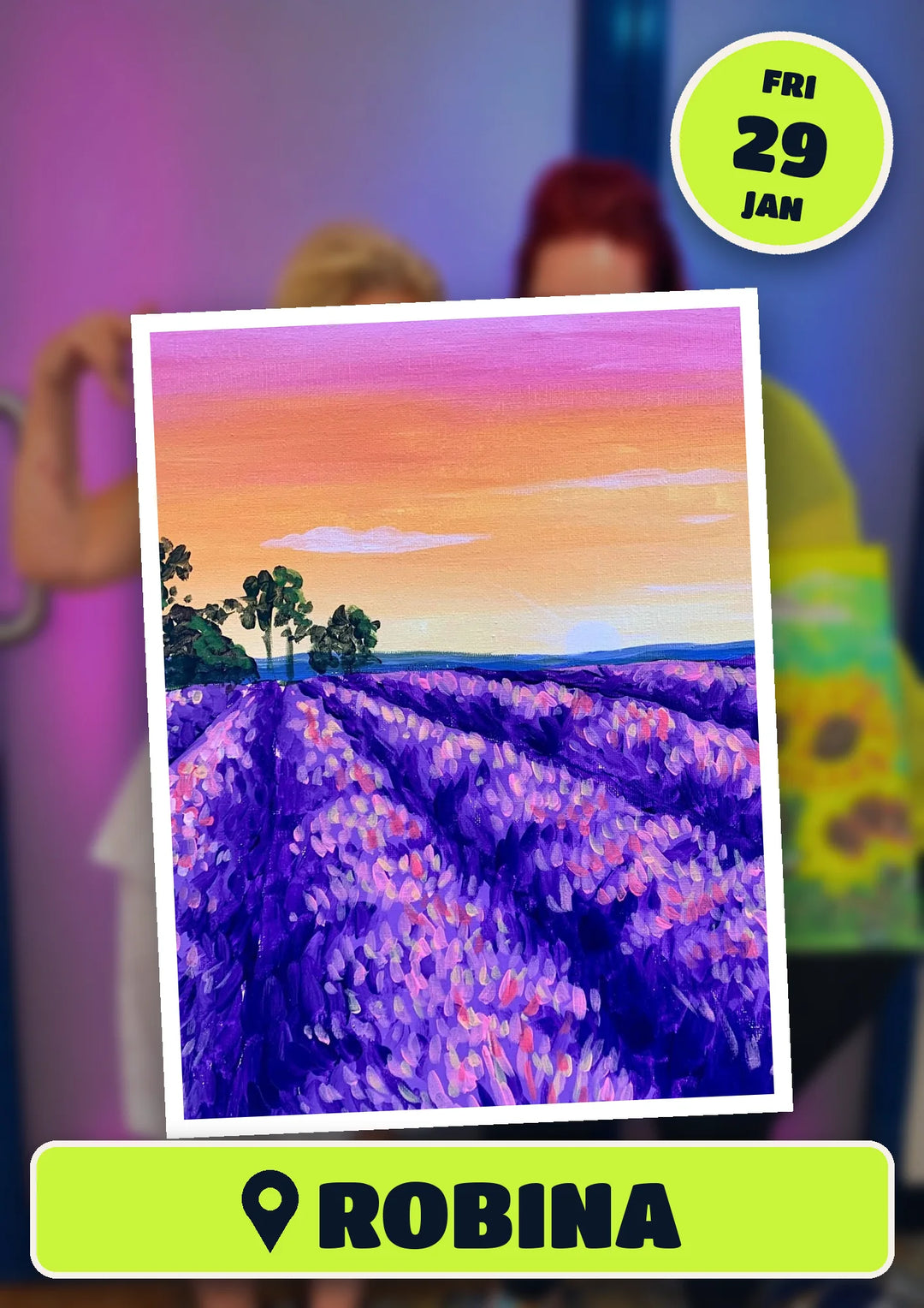 Lavender Fields painting, front and centre for the 80s and 90s Singalong paint and sip in Robina on Friday 29 January 2027