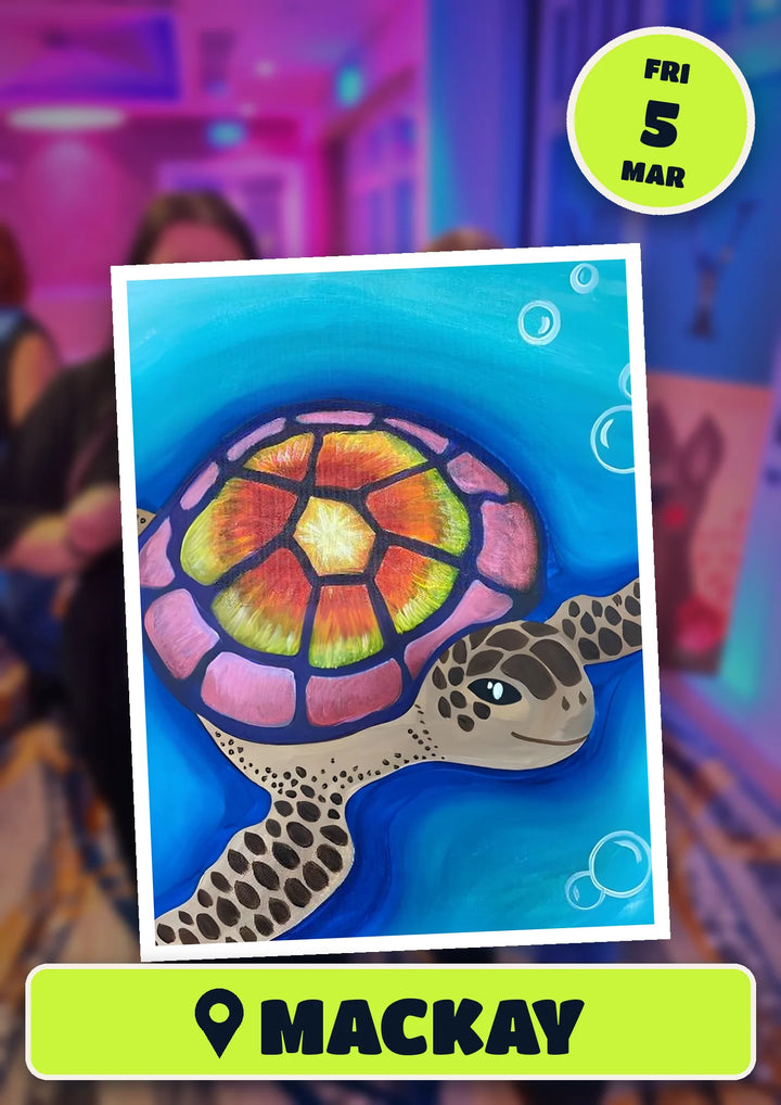 Sea Turtle painting, front and centre for the 80s and 90s Singalong paint and sip in Mackay on Friday 5 March 2027