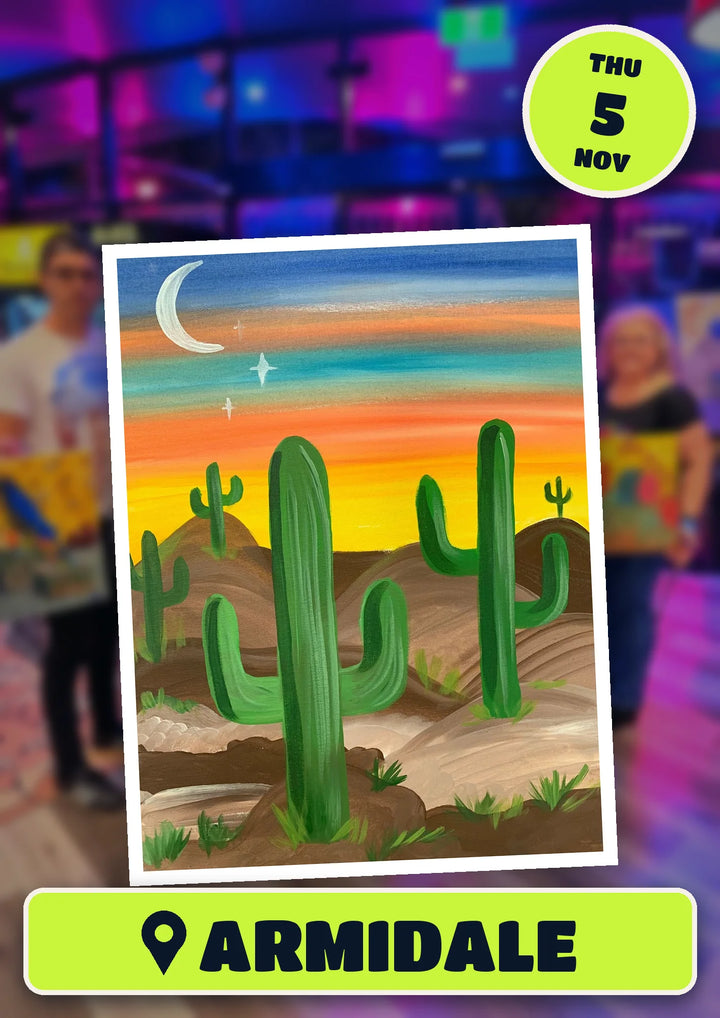 Prick My Interest cactus painting, front and centre for the 80s and 90s Singalong paint and sip in Armidale on Thursday 5 November 2026