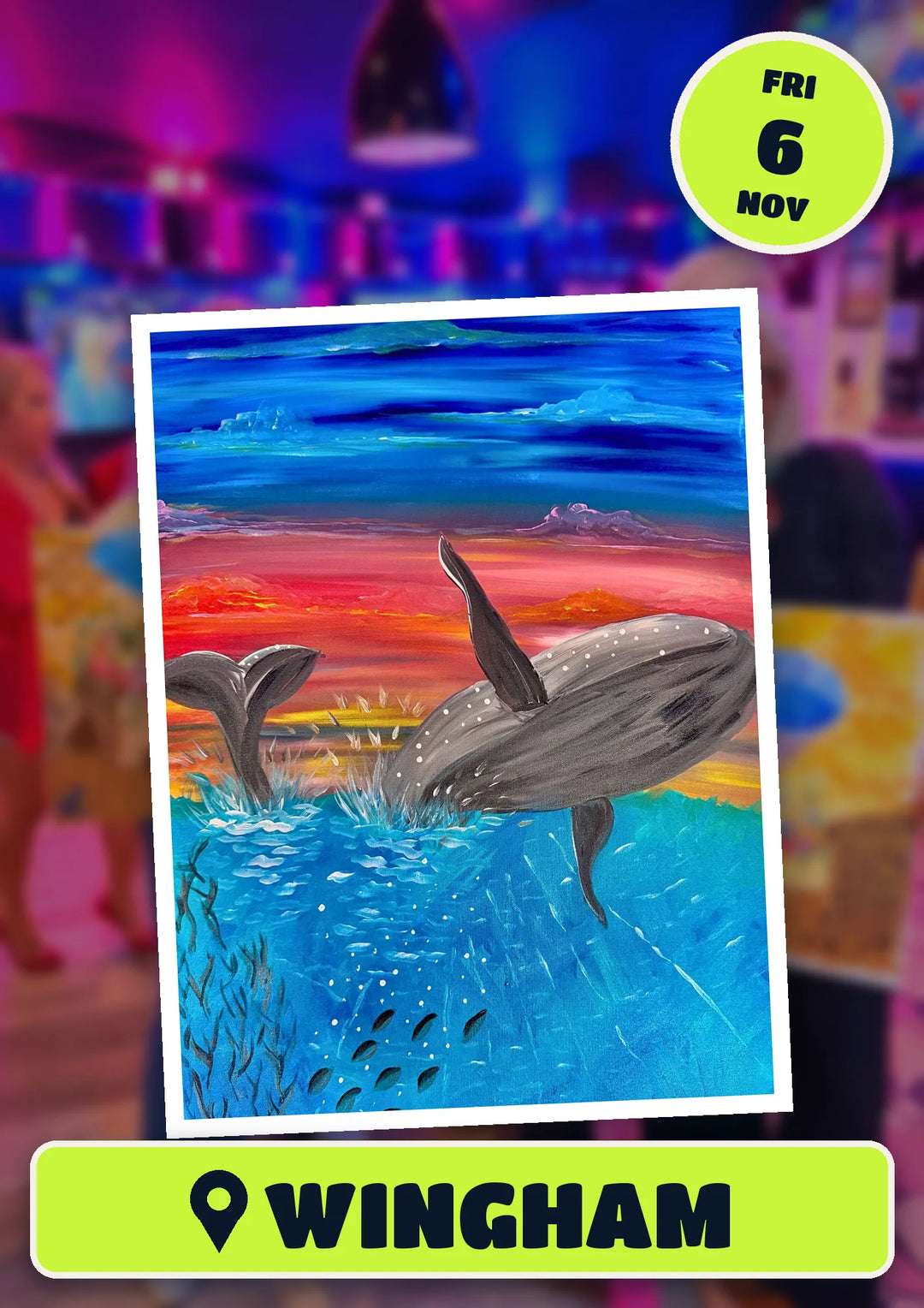 Ocean Whale painting, front and centre for the 80s and 90s Singalong paint and sip in Wingham on Friday 6 November 2026