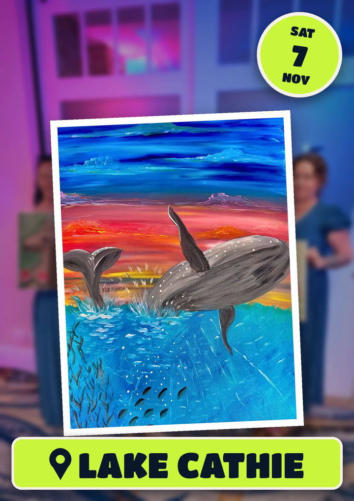 Ocean Whale painting, front and centre for the 80s and 90s Singalong paint and sip in Lake Cathie on Saturday 7 November 2026