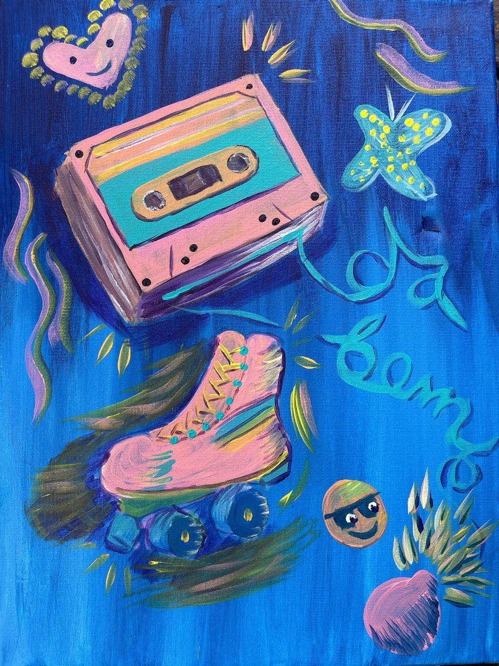 Colorful painting of a cassette tape and headphones on a blue background with abstract elements.