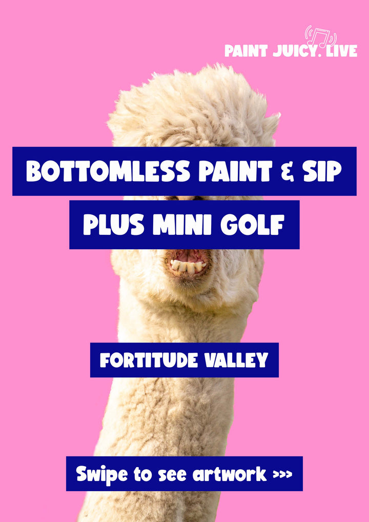 Alpaca with promotional text for Bottomless Paint & Sip and Mini Golf event in Fortitude Valley on a pink background.