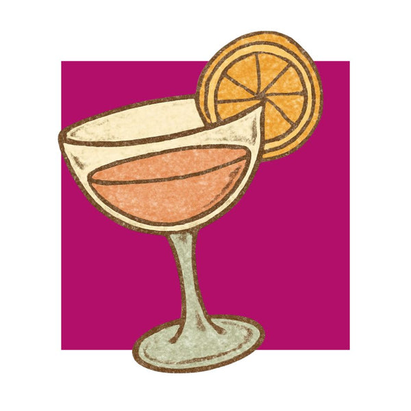 Illustration of a cocktail glass with a slice of orange on a pink background