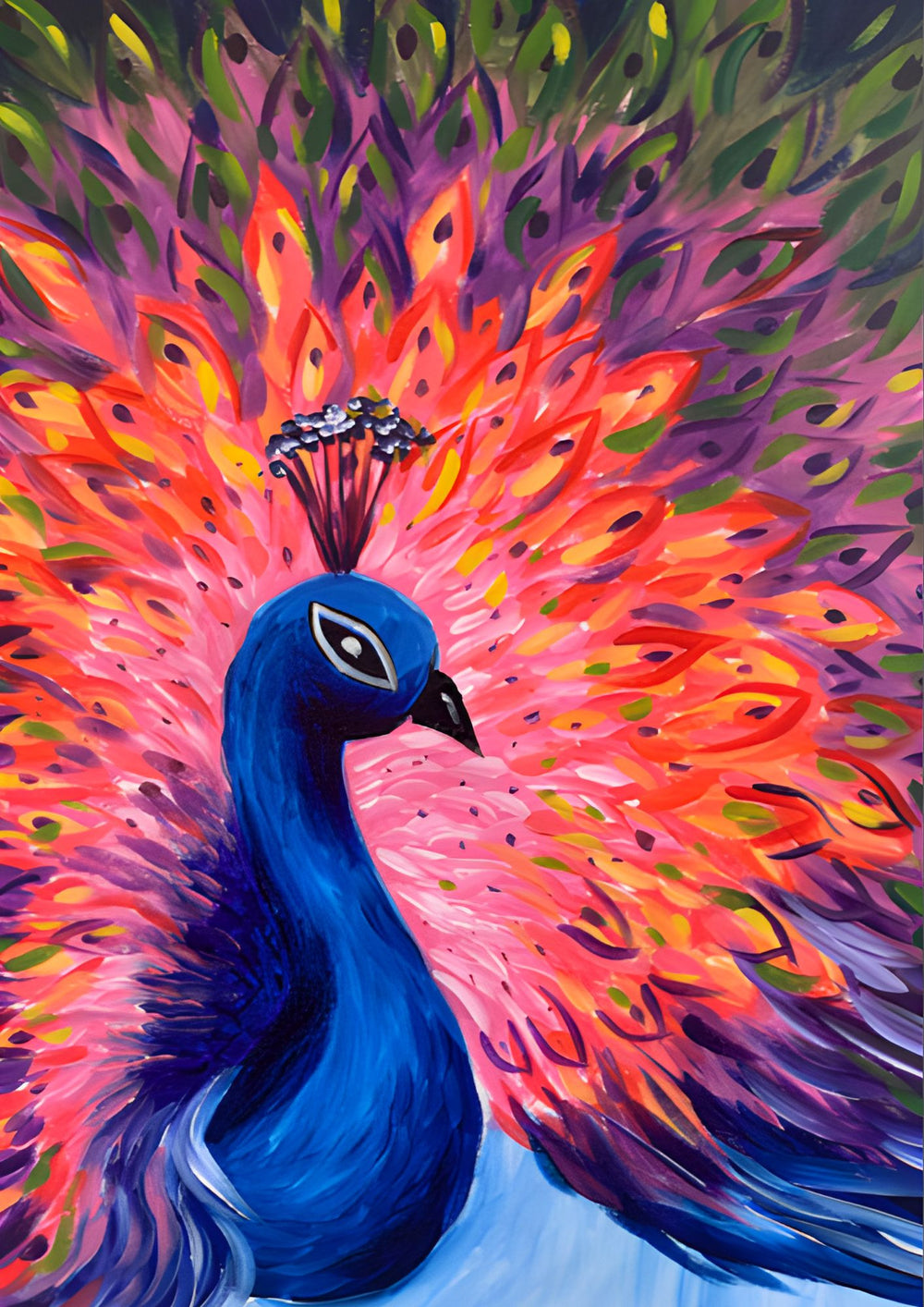 Colorful painting of a peacock with vibrant feathers and blue head.