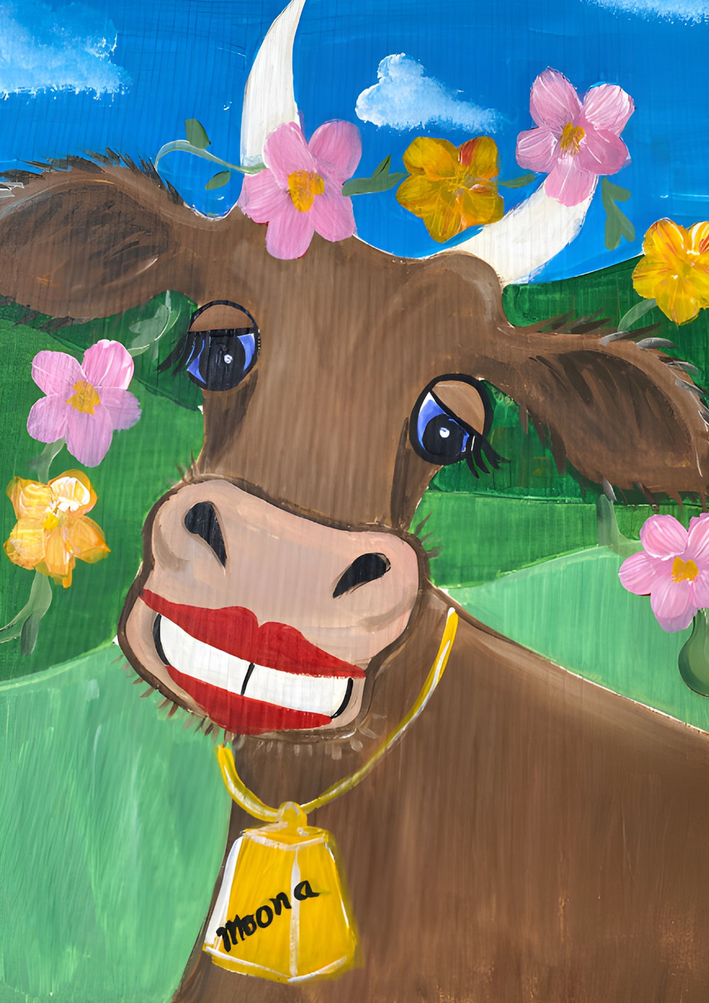 Cartoon cow with a yellow bell, flowers, and a blue sky.