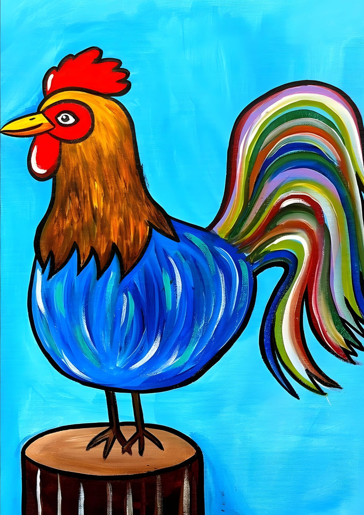 Colorful rooster painting on a blue background