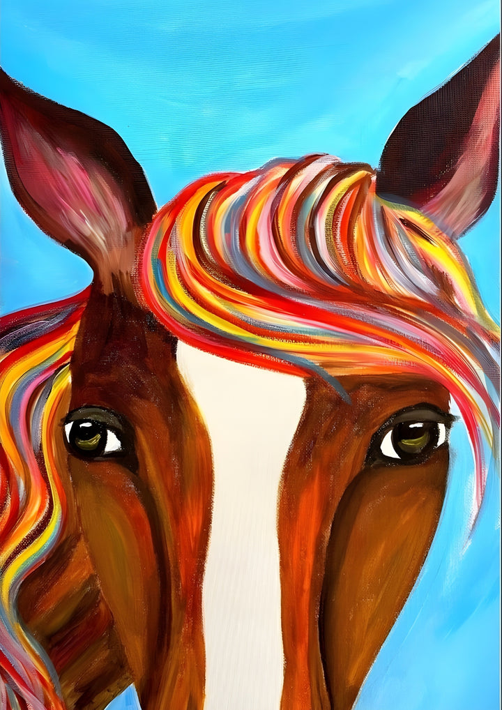 Colorful abstract painting of a horse's face with a blue background