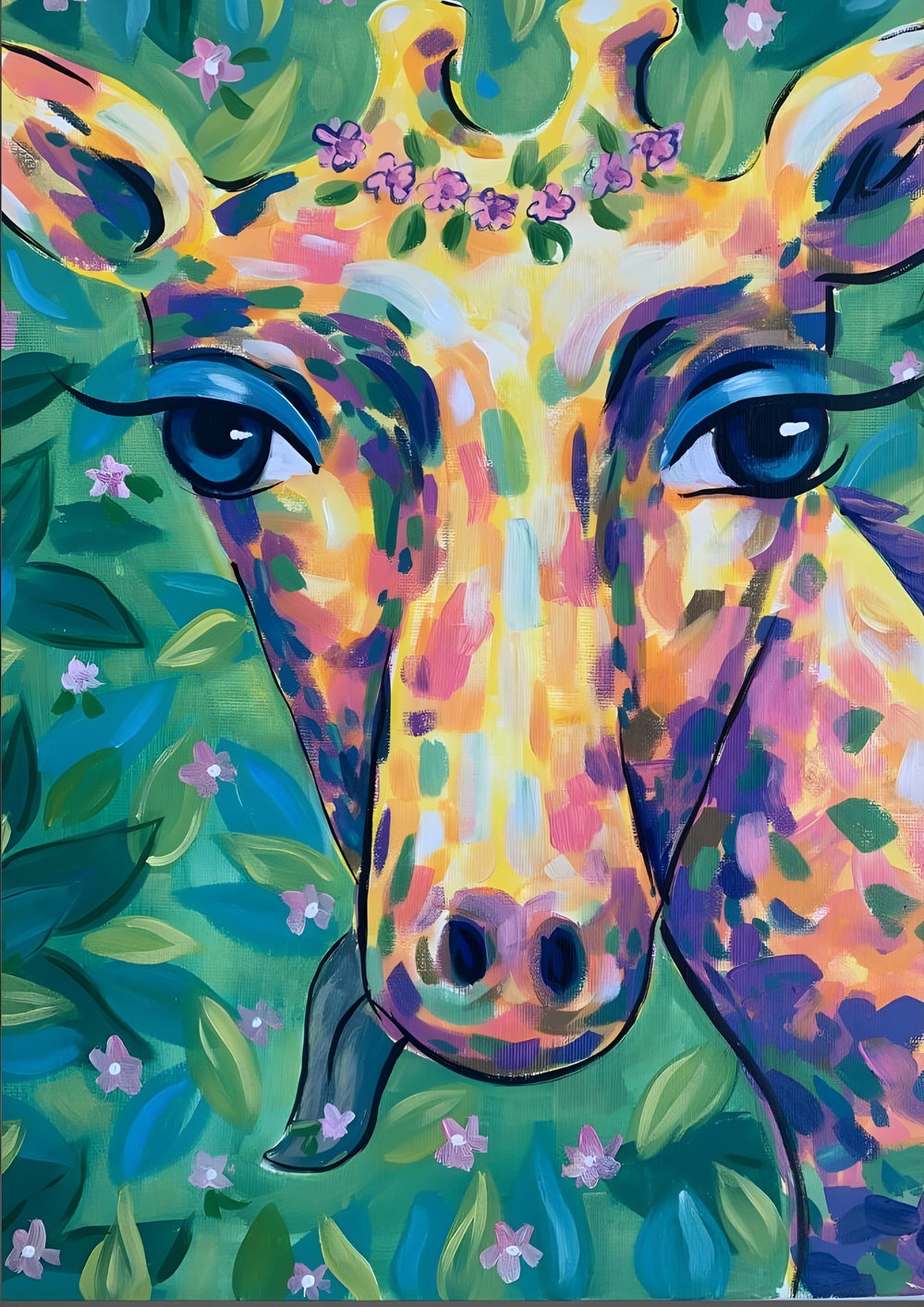 Colorful painting of a horse's face with floral decorations on a green background