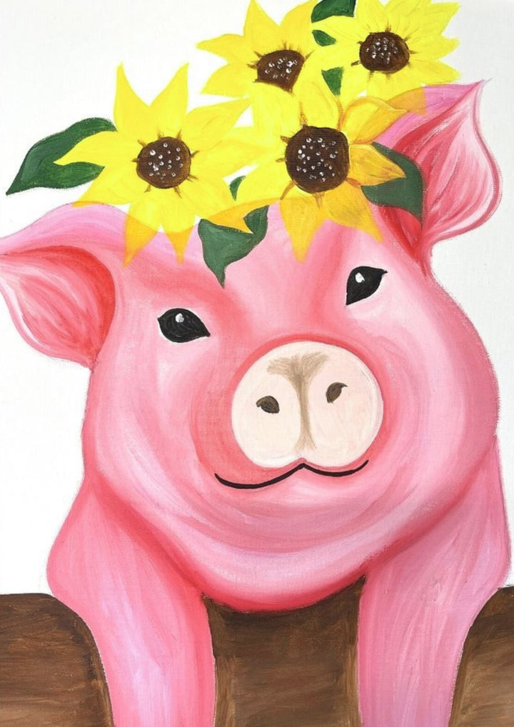 Painting of a pink pig with sunflower headband on a white background