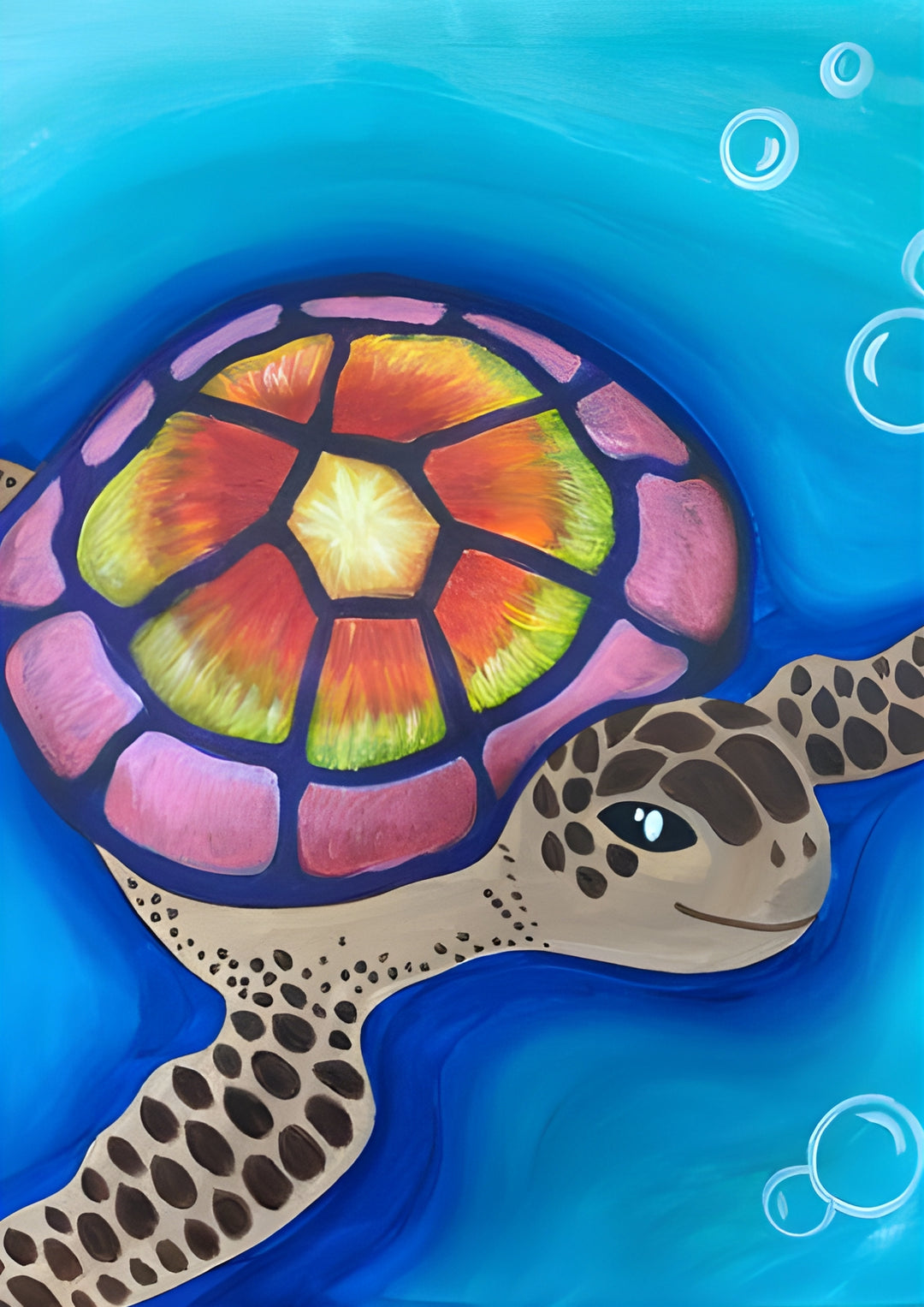 Colorful turtle illustration with a blue background