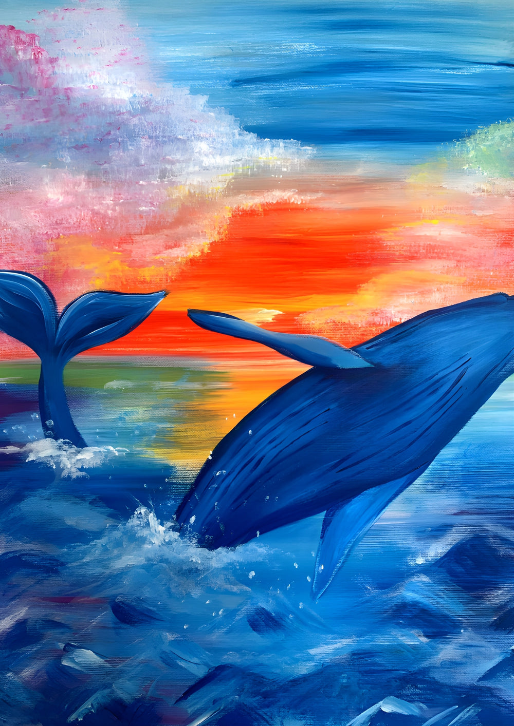 Two dolphins in the water with a colorful sky in the background