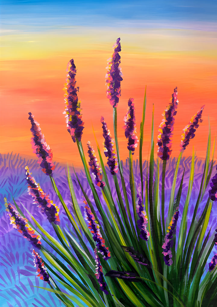 Lavender flowers with a colorful sunset background