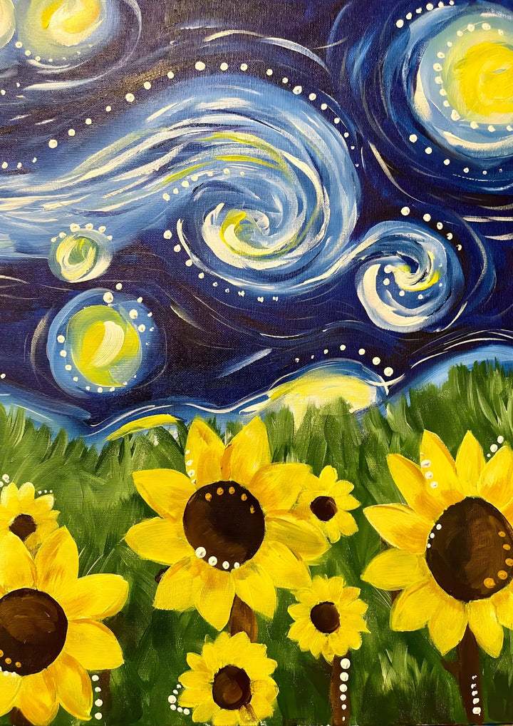Artistic depiction of sunflowers with a swirling starry night sky in the background