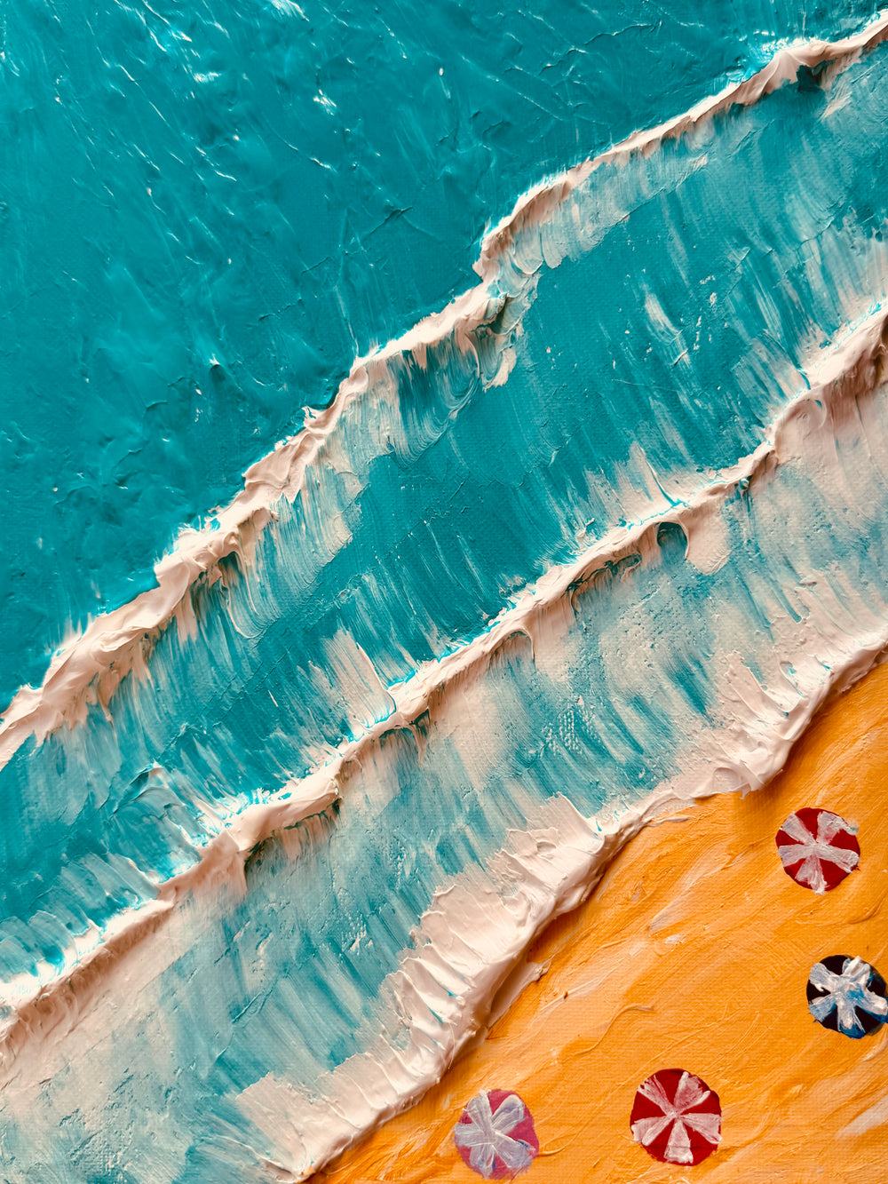 Summertime Australia textured painting, turquoise surf breaking onto orange sand with beach umbrellas, built with a palette knife