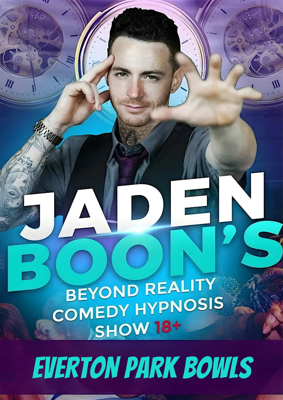 Promotional poster for Jaden Boon's comedy hypnosis show at Everton Park Bowls with a blue and purple background.