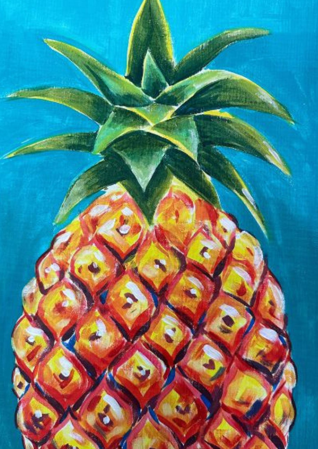 Colorful painting of a pineapple on a blue background