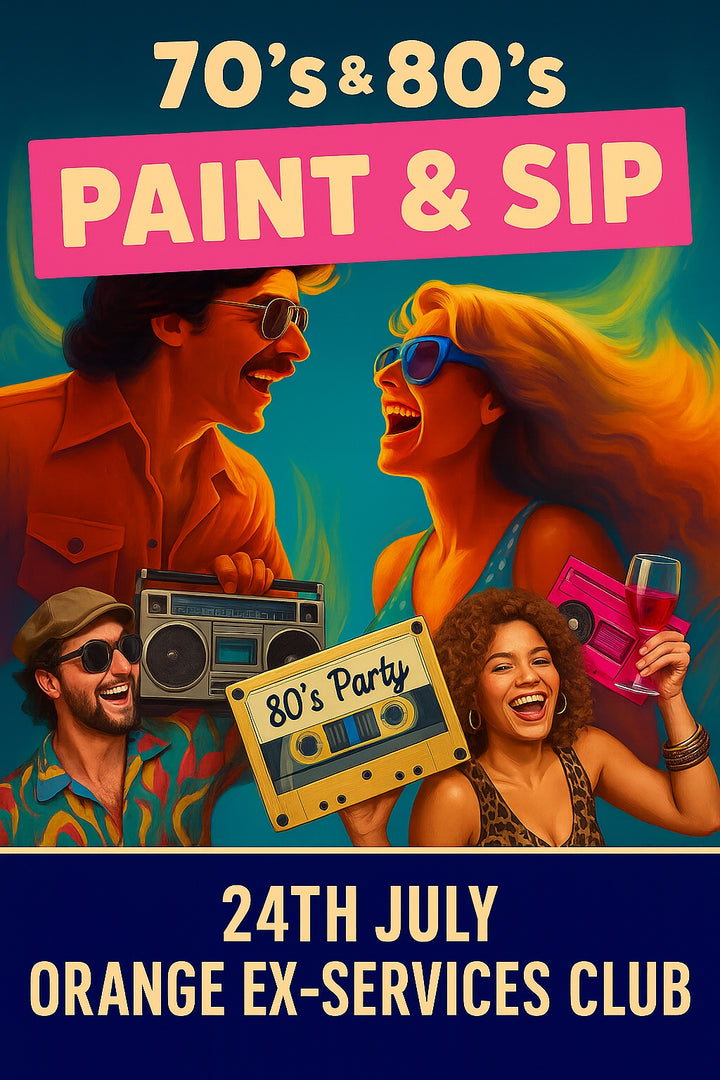 Promotional poster for a '70s & 80s Paint & SIP' event with people in retro clothing and a cassette tape.
