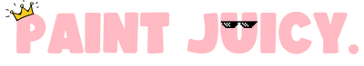 Logo with 'Paint Juicy' text in pink on a green background