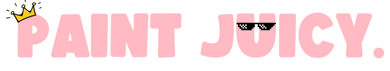 Logo with 'Paint Juicy' text in pink on a green background