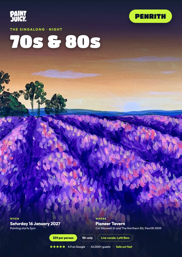 70s and 80s Singalong paint and sip poster for Saturday 16 January 2027 at Pioneer Tavern Penrith, with live vocals from Lotti Rem and the Lavender Fields painting
