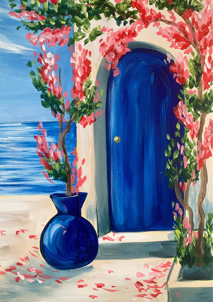 Santorini doorway painting, the artwork you paint at this Trinity Beach paint and sip