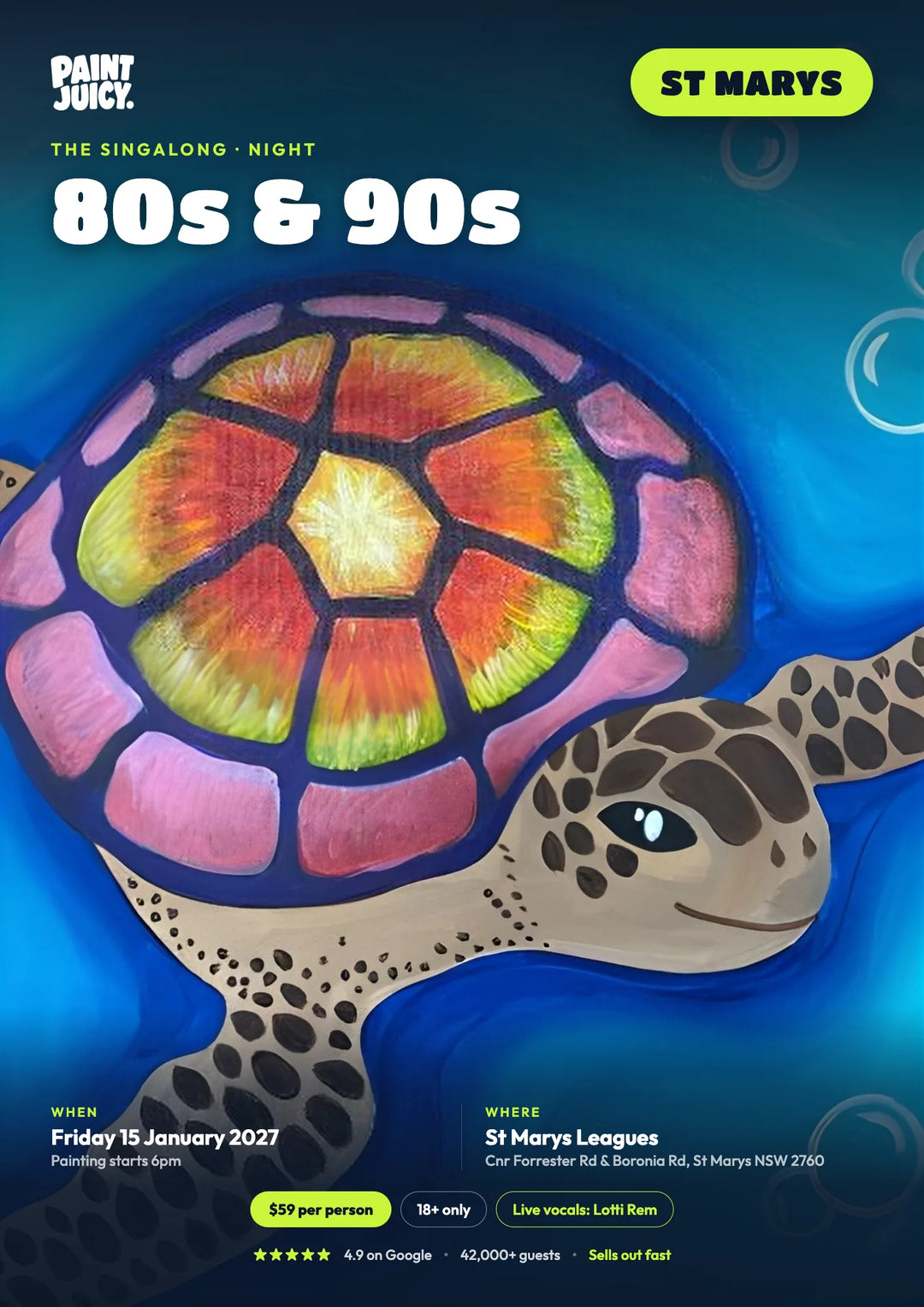 80s and 90s Singalong paint and sip poster for Friday 15 January 2027 in St Marys