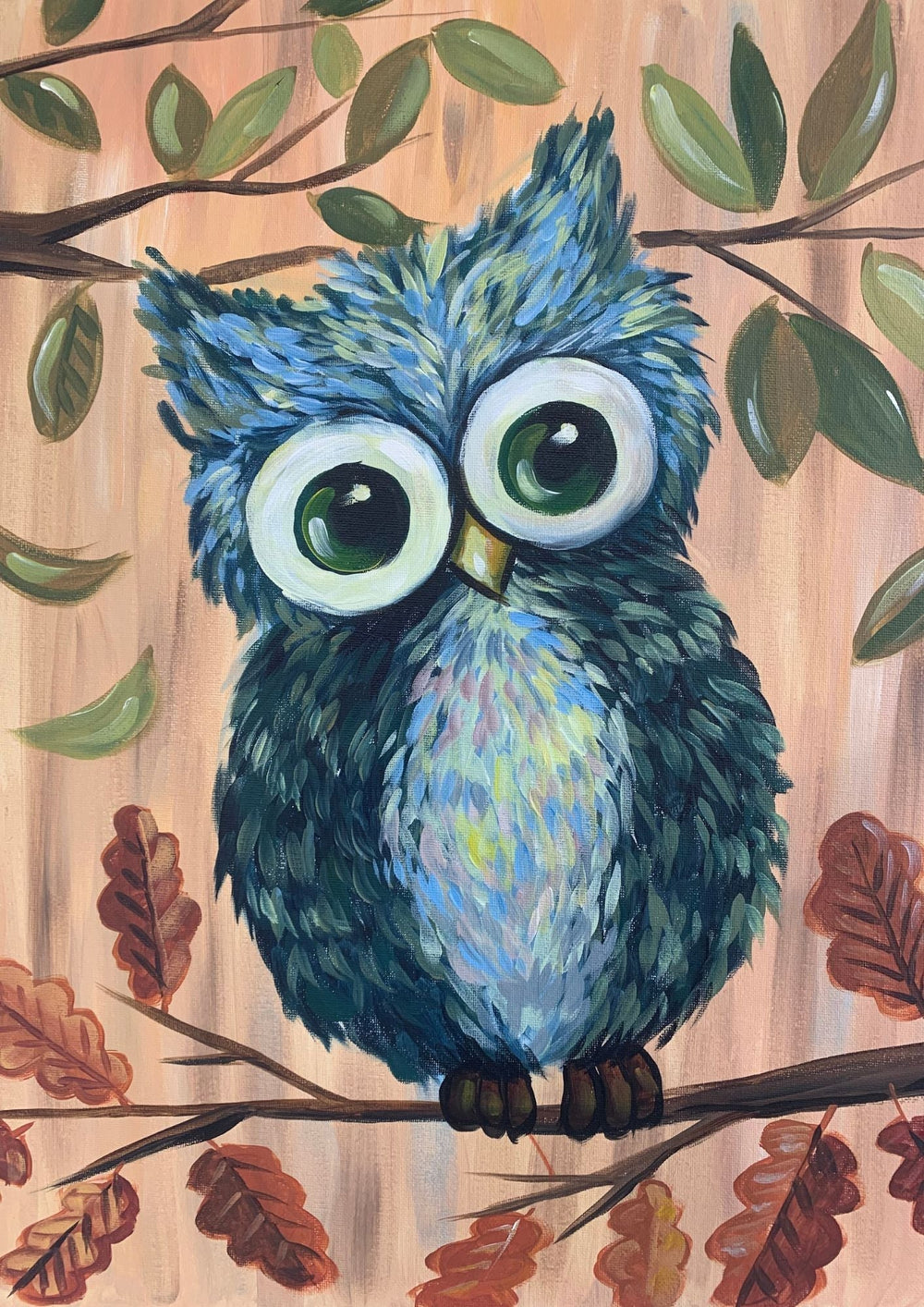 Such a Hoot owl painting, the artwork you paint at this Earlville Cairns paint and sip