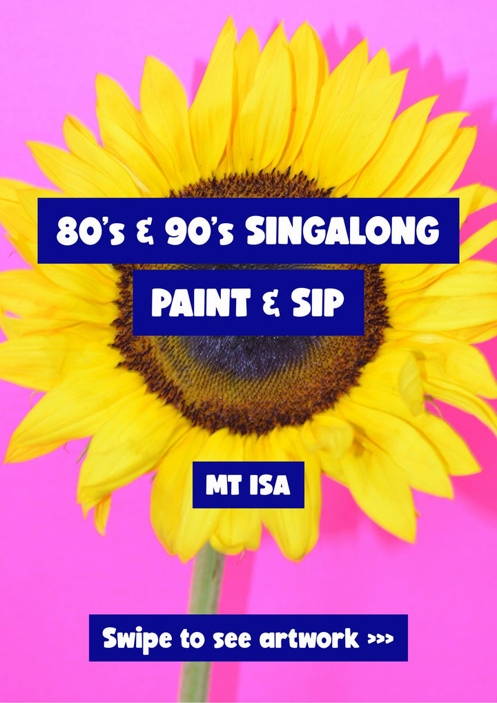 Sunflower with text overlay on a pink background Mt Isa Paint and Sip