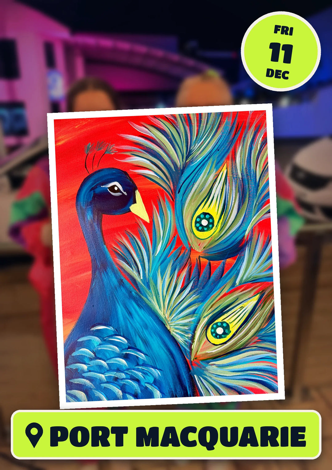 Peacock painting, front and centre for the Dancing Queens and Disco Dreams ABBA paint and sip in Port Macquarie on Friday 11 December 2026