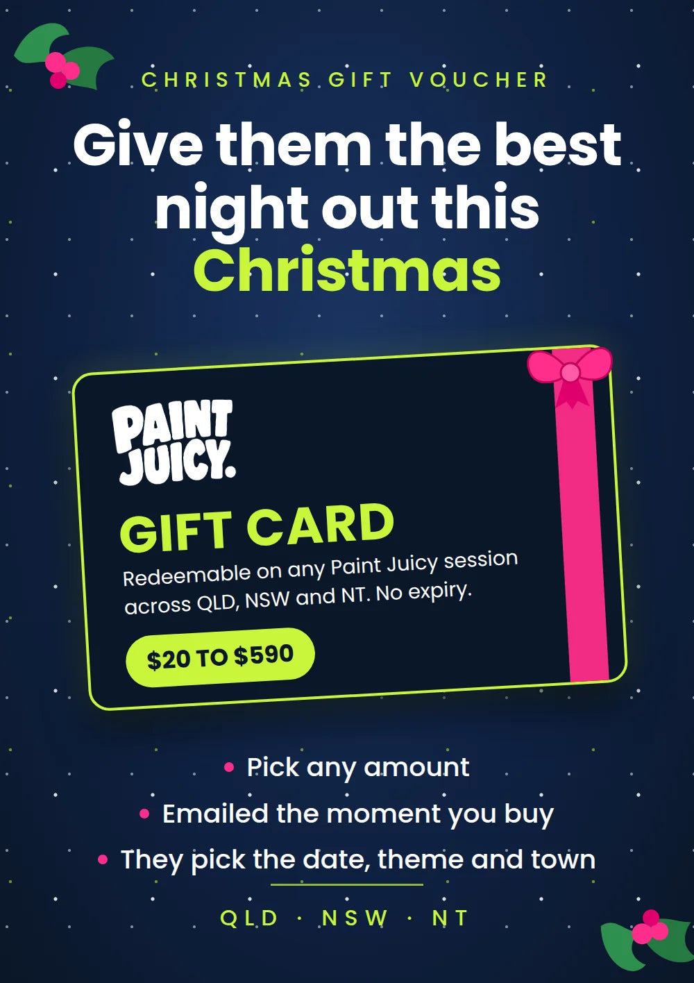 Paint Juicy Christmas gift voucher, a navy gift card with a pink ribbon on a snowy navy background, redeemable from $20 to $590 across QLD, NSW and NT