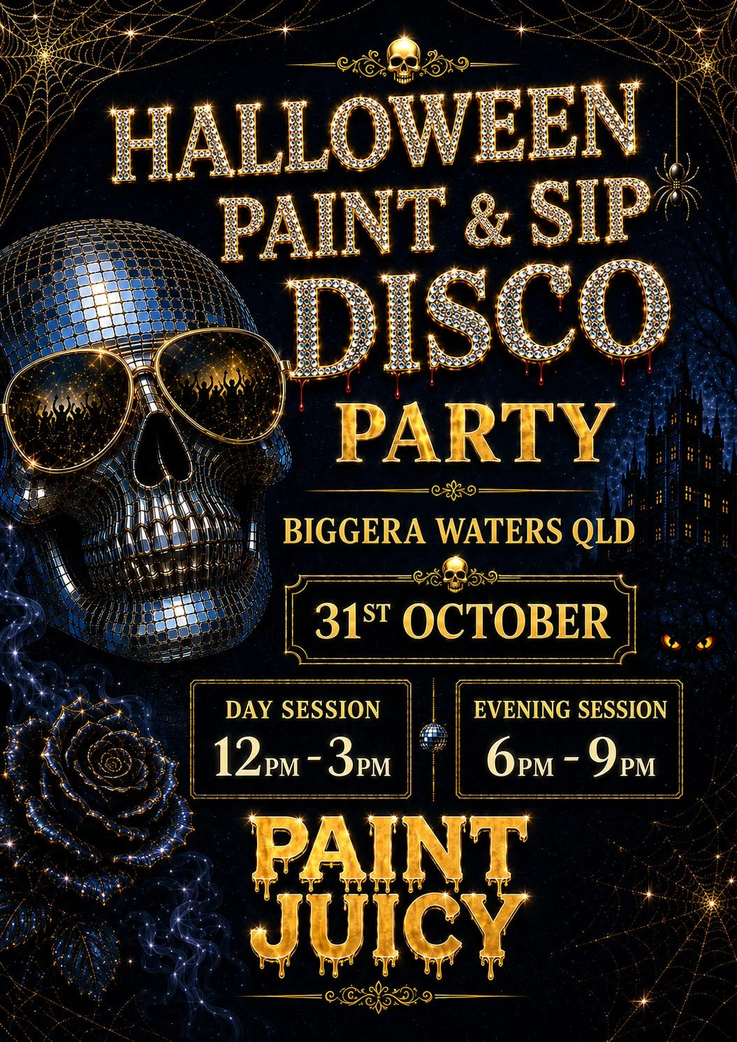 Promotional flyer for a Halloween paint and sip disco party with a skull wearing sunglasses.