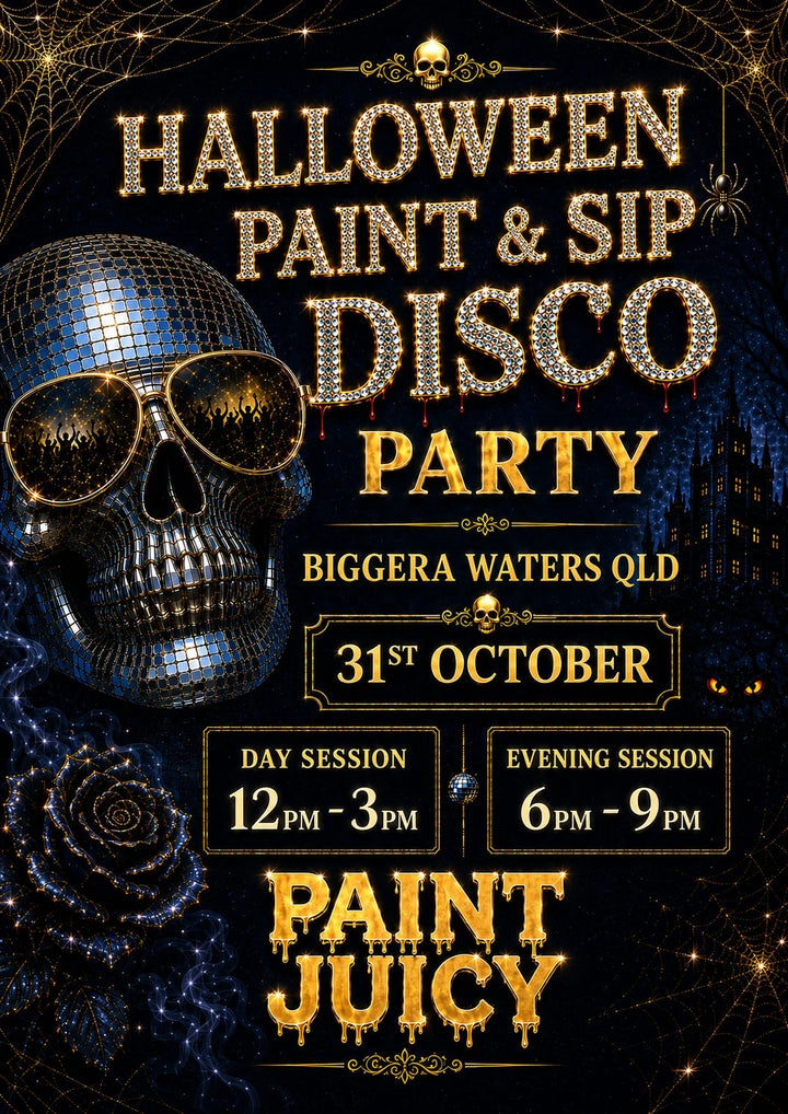 Promotional flyer for a Halloween paint and sip disco party with a skull wearing sunglasses.