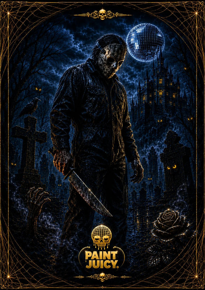 Horror-themed poster with a masked figure holding a knife in a dark, eerie setting with &