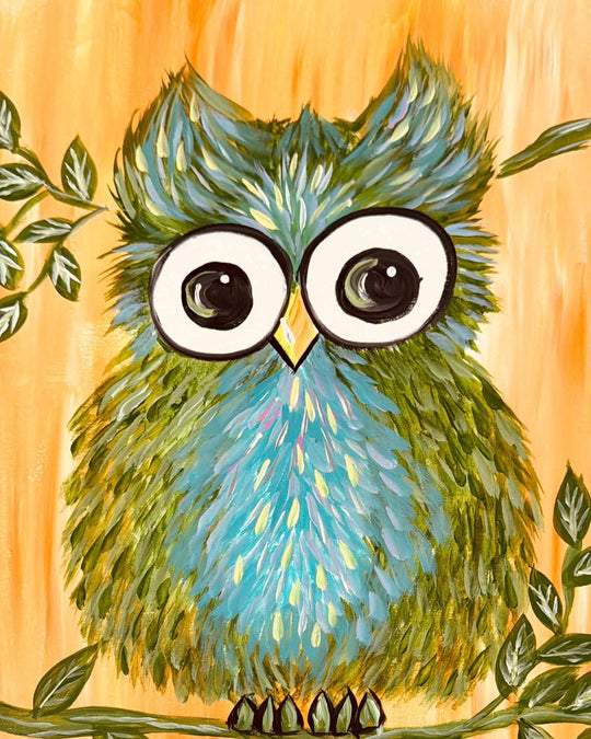 A guest's finished Such a Hoot owl painting from a Paint Juicy paint and sip night