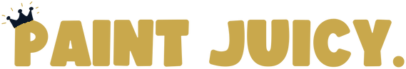 Gold text 'PAINT JUICY.' with a crown icon on a white background
