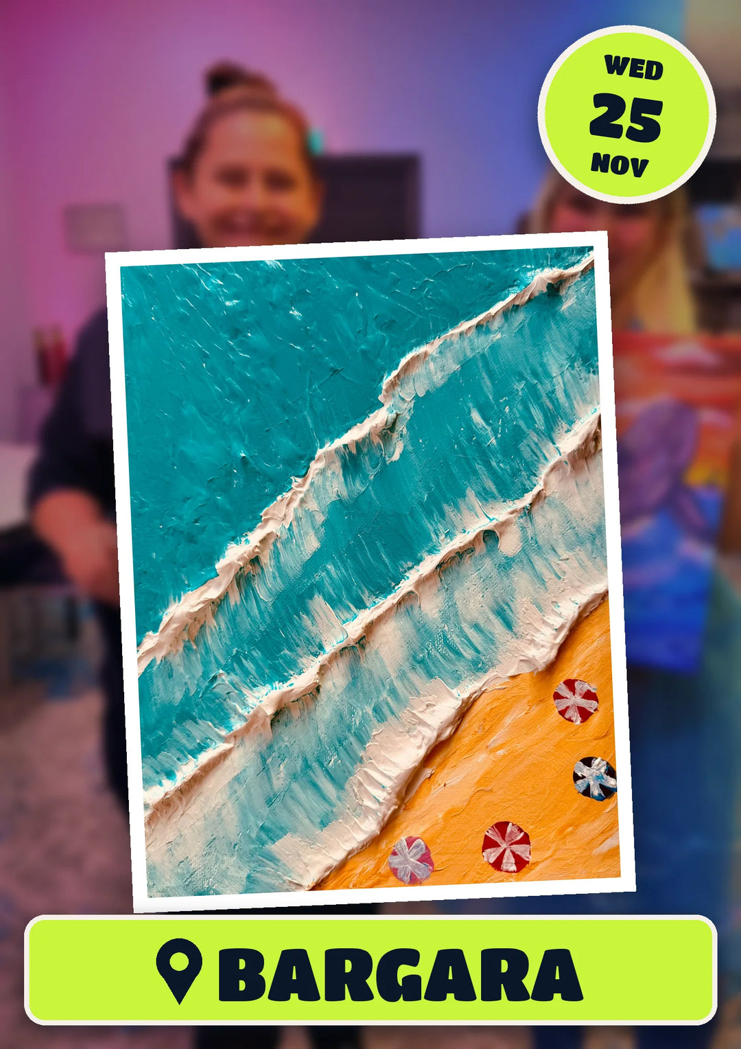 Summertime Australia textured painting, front and centre for the Summertime Australia Textured Art paint and sip in Bargara on Wednesday 25 November 2026